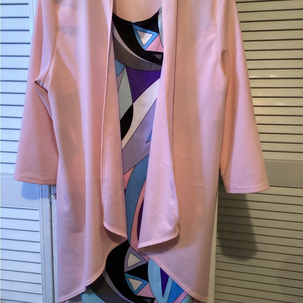 Pink Open Front Cardigan with Geometric Dress